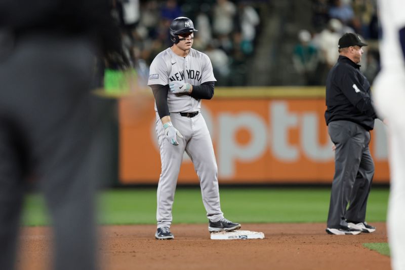 Sep 18, 2024; Seattle, Washington, USA; New York Yankees first baseman Anthony Rizzo (48) stands on second after driving in a run with a double against the Seattle Mariners during the 10th inning at T-Mobile Park. Mandatory Credit: John Froschauer-Imagn Images