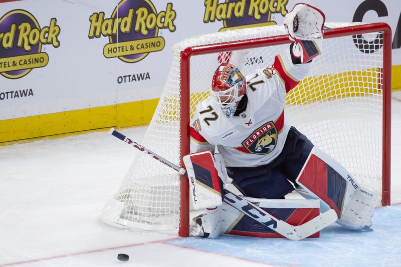 Oct 10, 2024; Ottawa, Ontario, CAN; Florida Panthers goalie Sergei Bobrovsky (72) follows the puck in the third period against the Ottawa Senators at the Canadian Tire Centre. Mandatory Credit: Marc DesRosiers-Imagn Images