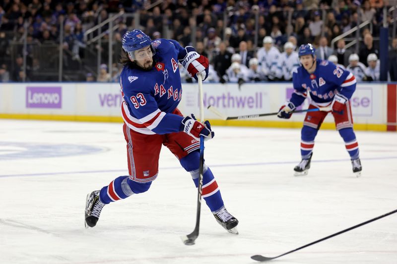 Jan 5, 2026; New York, New York, USA; New York Rangers center Mika Zibanejad (93) takes a shot against the Utah Mammoth during the second period at Madison Square Garden. Mandatory Credit: Brad Penner-Imagn Images