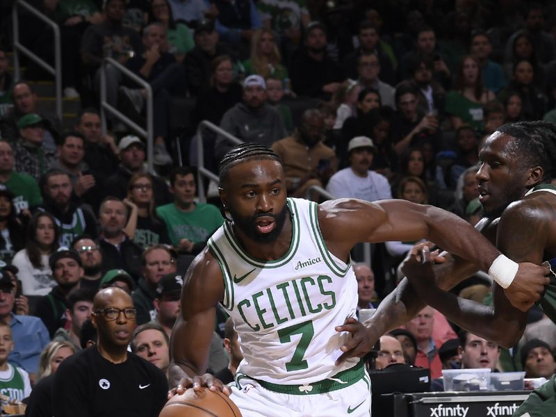 BOSTON, MA - OCTOBER 28: Jaylen Brown #7 of the Boston Celtics dribbles the ball during the game against the Milwaukee Bucks on October 28, 2024 at TD Garden in Boston, Massachusetts. NOTE TO USER: User expressly acknowledges and agrees that, by downloading and/or using this Photograph, user is consenting to the terms and conditions of the Getty Images License Agreement. Mandatory Copyright Notice: Copyright 2024 NBAE (Photo by Brian Babineau/NBAE via Getty Images)