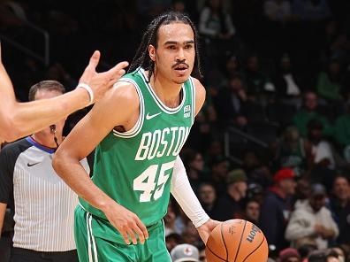 WASHINGTON, DC -? OCTOBER 30: Dalano Banton #45 of the Boston Celtics dribbles the ball during the game against the Washington Wizards on October 30, 2023 at Capital One Arena in Washington, DC. NOTE TO USER: User expressly acknowledges and agrees that, by downloading and or using this Photograph, user is consenting to the terms and conditions of the Getty Images License Agreement. Mandatory Copyright Notice: Copyright 2023 NBAE (Photo by Stephen Gosling/NBAE via Getty Images)