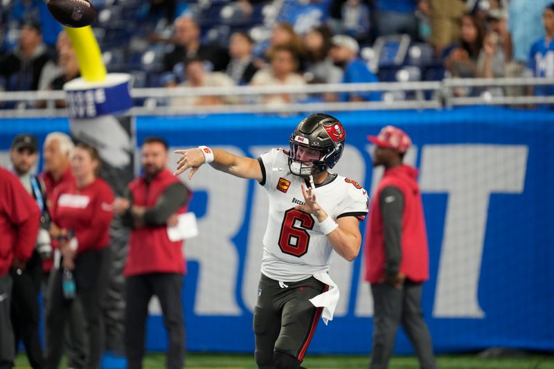 Tampa Bay Buccaneers quarterback Baker Mayfield throws during pregame of an NFL football game against the Detroit Lions, Sunday, Sept. 15, 2024, in Detroit. (AP Photo/Paul Sancya)