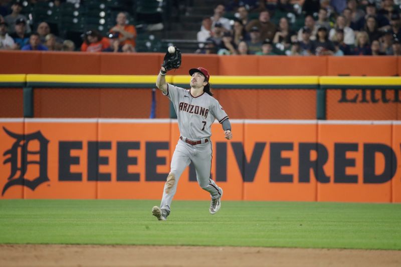 Jun 9, 2023; Detroit, Michigan, USA; Arizona Diamondbacks outfielder Corbin Carroll (7) makes a catch during the game against the Detroit Tigers at Comerica Park. Mandatory Credit: Brian Bradshaw Sevald-USA TODAY Sports