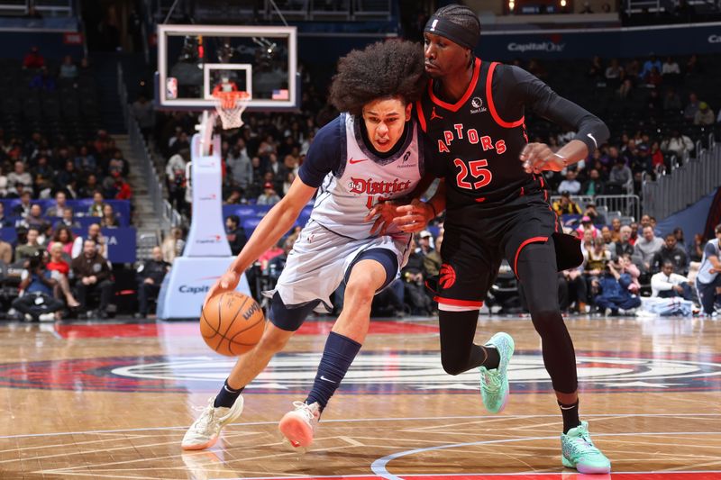 WASHINGTON, DC -?JANUARY 29: Kyshawn George #18 of the Washington Wizards handles the ball during the game against the Toronto Raptors on January 29, 2025 at Capital One Arena in Washington, DC. NOTE TO USER: User expressly acknowledges and agrees that, by downloading and or using this Photograph, user is consenting to the terms and conditions of the Getty Images License Agreement. Mandatory Copyright Notice: Copyright 2025 NBAE (Photo by Kenny Giarla/NBAE via Getty Images)