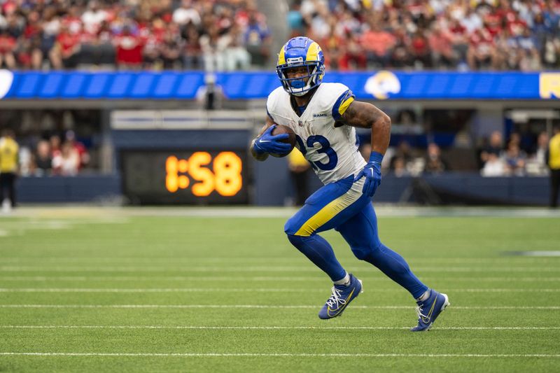 Los Angeles Rams running back Kyren Williams (23) runs with the ball during an NFL football game against the San Francisco 49ers, Sunday, Sept. 17, 2023, in Inglewood, Calif. (AP Photo/Kyusung Gong)