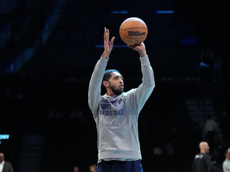 BROOKLYN, NY - MARCH 5: Cameron Payne #22 of the Philadelphia 76ers warms up before the game against the Brooklyn Nets on March 5, 2024 at Barclays Center in Brooklyn, New York. NOTE TO USER: User expressly acknowledges and agrees that, by downloading and or using this Photograph, user is consenting to the terms and conditions of the Getty Images License Agreement. Mandatory Copyright Notice: Copyright 2024 NBAE (Photo by Jesse D. Garrabrant/NBAE via Getty Images)