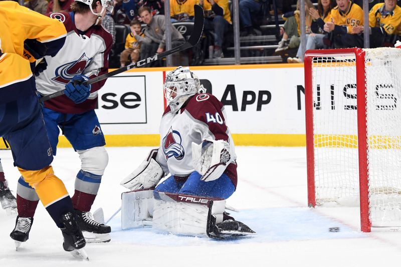 Mar 2, 2024; Nashville, Tennessee, USA; Colorado Avalanche goaltender Alexandar Georgiev (40) allows a goal to Nashville Predators center Cody Glass (not pictured) during the first period at Bridgestone Arena. Mandatory Credit: Christopher Hanewinckel-USA TODAY Sports