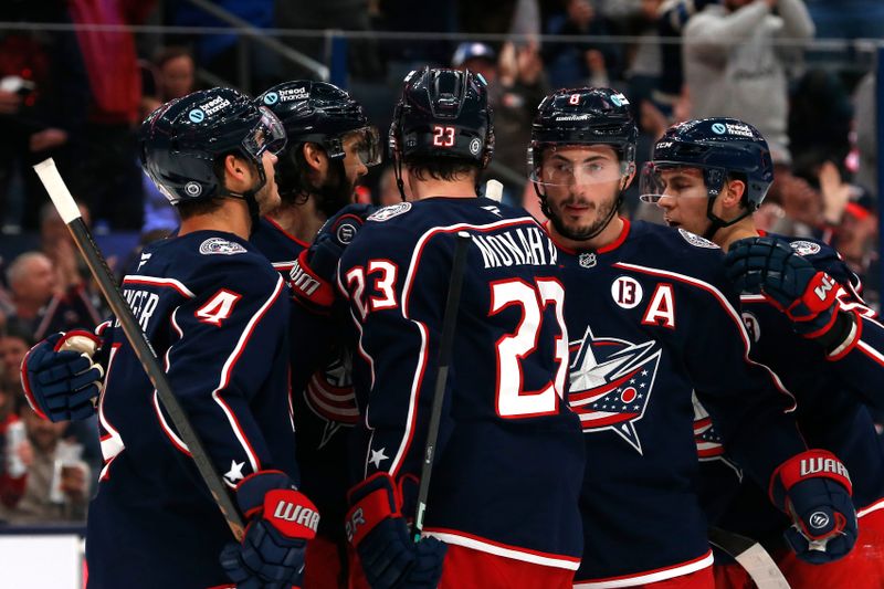 Nov 1, 2024; Columbus, Ohio, USA; Columbus Blue Jackets defenseman Ivan Provorov (9) celebrates his goal against the Winnipeg Jets during the second period at Nationwide Arena. Mandatory Credit: Russell LaBounty-Imagn Images