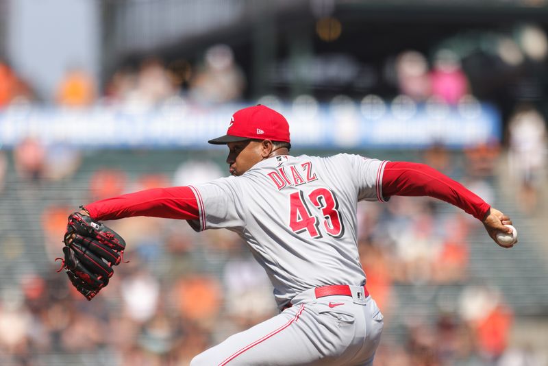 Aug 30, 2023; San Francisco, California, USA; Cincinnati Reds relief pitcher Alexis Diaz (43) throws a pitch ninth inning against the San Francisco Giants at Oracle Park. Mandatory Credit: Sergio Estrada-USA TODAY Sports