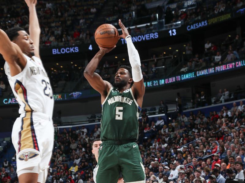 NEW ORLEANS, LA - MARCH 28: Malik Beasley #5 of the Milwaukee Bucks shoots a 3-point basket during the game on March 28, 2024 at the Smoothie King Center in New Orleans, Louisiana. NOTE TO USER: User expressly acknowledges and agrees that, by downloading and or using this Photograph, user is consenting to the terms and conditions of the Getty Images License Agreement. Mandatory Copyright Notice: Copyright 2024 NBAE (Photo by Layne Murdoch Jr./NBAE via Getty Images)