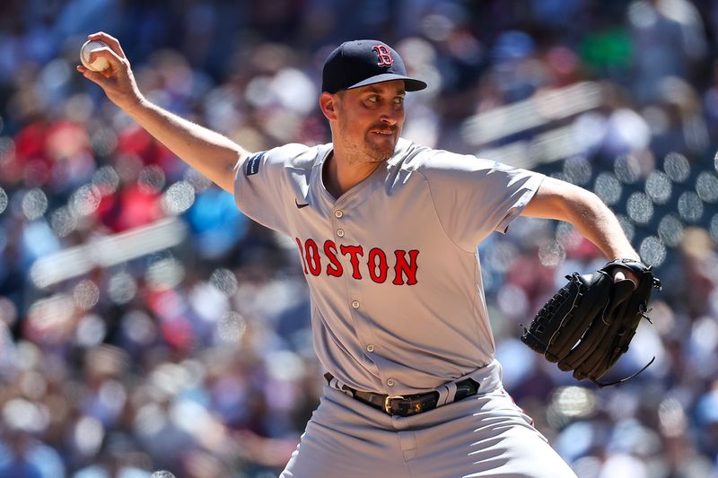 May 5, 2024; Minneapolis, Minnesota, USA; Boston Red Sox starting pitcher Cooper Criswell (64) delivers a pitch against the Minnesota Twins during the first inning at Target Field. Mandatory Credit: Matt Krohn-USA TODAY Sports