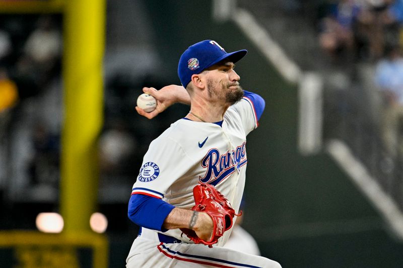 Jun 8, 2024; Arlington, Texas, USA; Texas Rangers starting pitcher Andrew Heaney (44) pitches against the San Francisco Giants during the first inning at Globe Life Field. Mandatory Credit: Jerome Miron-USA TODAY Sports