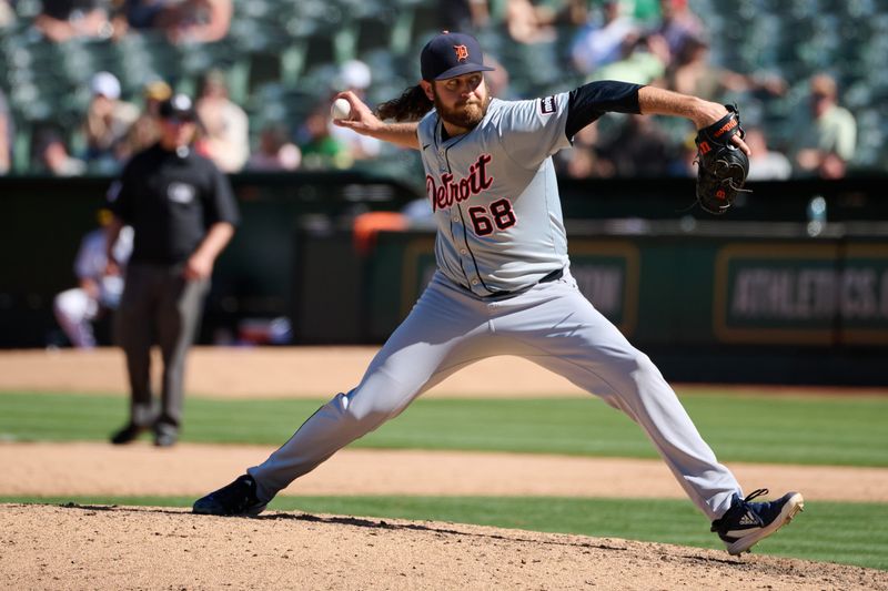 Sep 7, 2024; Oakland, California, USA; Detroit Tigers pitcher Jason Foley (68) throws a pitch against the Oakland Athletics during the ninth inning at Oakland-Alameda County Coliseum. Mandatory Credit: Robert Edwards-Imagn Images