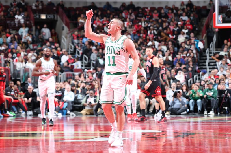 CHICAGO, IL - NOVEMBER 29: Payton Pritchard #11 of the Boston Celtics celebrates during the game against the Chicago Bulls during the Emirates NBA Cup game on November 29, 2024 at United Center in Chicago, Illinois. NOTE TO USER: User expressly acknowledges and agrees that, by downloading and or using this photograph, User is consenting to the terms and conditions of the Getty Images License Agreement. Mandatory Copyright Notice: Copyright 2024 NBAE (Photo by Jeff Haynes/NBAE via Getty Images)