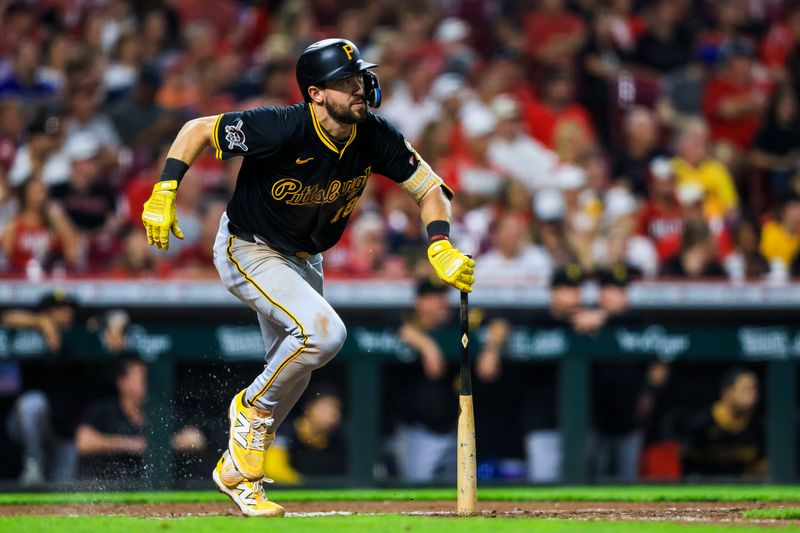 Sep 23, 2025; Cincinnati, Ohio, USA; Pittsburgh Pirates third baseman Jared Triolo (19) runs the bases after hitting a double in the eighth inning against the Cincinnati Reds at Great American Ball Park. Mandatory Credit: Katie Stratman-Imagn Images