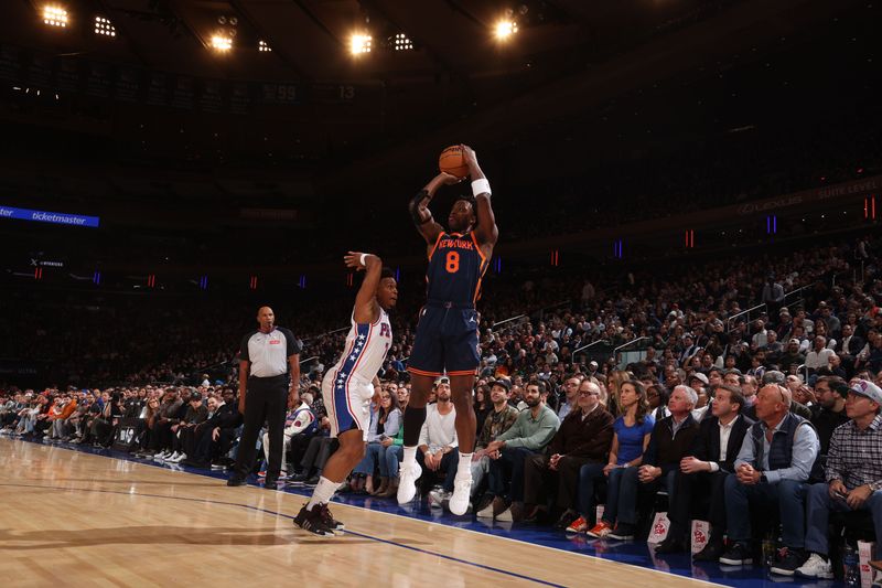 NEW YORK, NY - MARCH 12:  OG Anunoby #8 of the New York Knicks shoots the ball during the game against the Philadelphia 76ers on March 12, 2024 at Madison Square Garden in New York City, New York.  NOTE TO USER: User expressly acknowledges and agrees that, by downloading and or using this photograph, User is consenting to the terms and conditions of the Getty Images License Agreement. Mandatory Copyright Notice: Copyright 2024 NBAE  (Photo by Nathaniel S. Butler/NBAE via Getty Images)