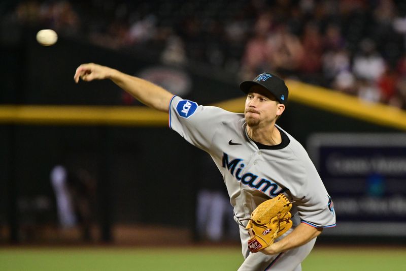 May 8, 2023; Phoenix, Arizona, USA;  Miami Marlins starting pitcher Chi Chi Gonzalez (17) throws in the eighth inning against the Arizona Diamondbacks at Chase Field. Mandatory Credit: Matt Kartozian-USA TODAY Sports