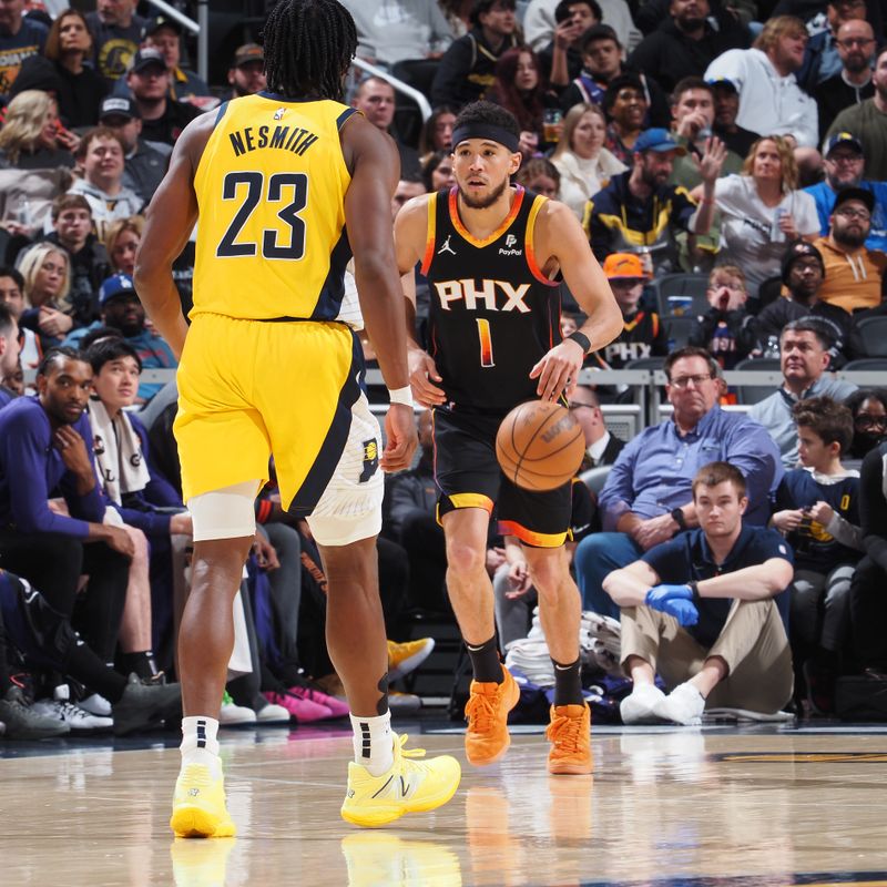 INDIANAPOLIS, IN - JANUARY 26: Devin Booker #1 of the Phoenix Suns dribbles the ball during the game against the Indiana Pacers on January 26, 2024 at Gainbridge Fieldhouse in Indianapolis, Indiana. NOTE TO USER: User expressly acknowledges and agrees that, by downloading and or using this Photograph, user is consenting to the terms and conditions of the Getty Images License Agreement. Mandatory Copyright Notice: Copyright 2024 NBAE (Photo by Ron Hoskins/NBAE via Getty Images)