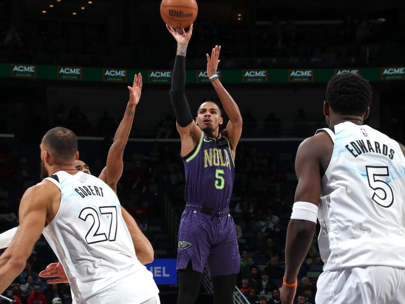 NEW ORLEANS, LA - JANUARY 7: Dejounte Murray #5 of the New Orleans Pelicans three point basket during the game against the Minnesota Timberwolves on January 7, 2025 at the Smoothie King Center in New Orleans, Louisiana. NOTE TO USER: User expressly acknowledges and agrees that, by downloading and or using this Photograph, user is consenting to the terms and conditions of the Getty Images License Agreement. Mandatory Copyright Notice: Copyright 2025 NBAE(Photo by Layne Murdoch Jr./NBAE via Getty Images)