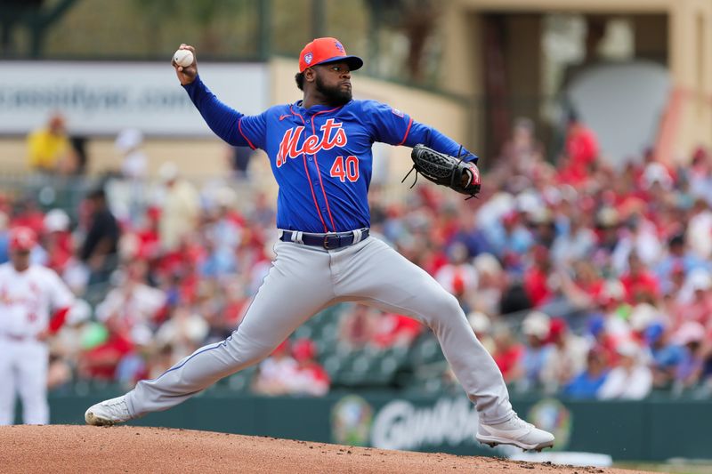 Mar 1, 2024; Jupiter, Florida, USA; New York Mets starting pitcher Luis Severino (40) delivers a pitch against the St. Louis Cardinals during the first inning at Roger Dean Chevrolet Stadium. Mandatory Credit: Sam Navarro-USA TODAY Sports