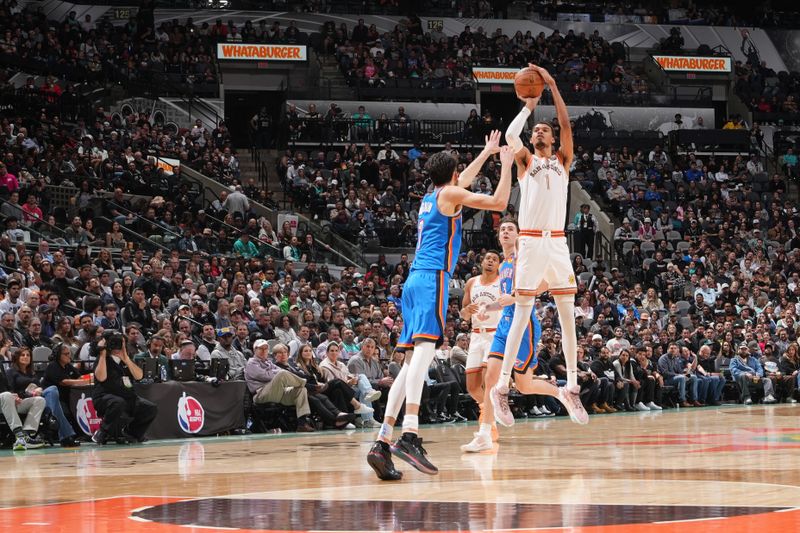 SAN ANTONIO, TX - JANUARY 24: Victor Wembanyama #1 of the San Antonio Spurs shoots the ball during the game against the Oklahoma City Thunder on January 24, 2023 at the Frost Bank Center in San Antonio, Texas. NOTE TO USER: User expressly acknowledges and agrees that, by downloading and or using this photograph, user is consenting to the terms and conditions of the Getty Images License Agreement. Mandatory Copyright Notice: Copyright 2024 NBAE (Photos by Jesse D. Garrabrant/NBAE via Getty Images)