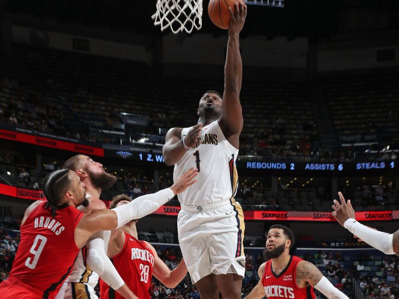 NEW ORLEANS, LA - FEBRUARY 22: Zion Williamson #1 of the New Orleans Pelicans shoots the ball during the game against the Houston Rockets on February 22, 2024 at the Smoothie King Center in New Orleans, Louisiana. NOTE TO USER: User expressly acknowledges and agrees that, by downloading and or using this Photograph, user is consenting to the terms and conditions of the Getty Images License Agreement. Mandatory Copyright Notice: Copyright 2024 NBAE (Photo by Layne Murdoch Jr./NBAE via Getty Images)