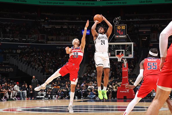 WASHINGTON, DC -? DECEMBER 29: Cam Thomas #24 of the Brooklyn Nets shoots the ball during the game against the Washington Wizards on December 29, 2023 at Capital One Arena in Washington, DC. NOTE TO USER: User expressly acknowledges and agrees that, by downloading and or using this Photograph, user is consenting to the terms and conditions of the Getty Images License Agreement. Mandatory Copyright Notice: Copyright 2023 NBAE (Photo by Stephen Gosling/NBAE via Getty Images)