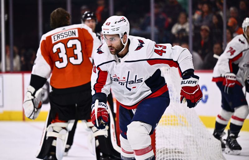 Dec 14, 2023; Philadelphia, Pennsylvania, USA; Washington Capitals right wing Tom Wilson (43) looks on after scoring a goal against the Philadelphia Flyers in the second period at Wells Fargo Center. Mandatory Credit: Kyle Ross-USA TODAY Sports