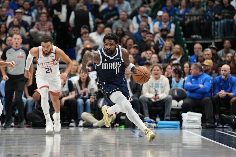 DALLAS, TX - NOVEMBER 8: Kyrie Irving #11 of the Dallas Mavericks dribbles the ball during the game against the Phoenix Suns on November 6, 2024 at the American Airlines Center in Dallas, Texas. NOTE TO USER: User expressly acknowledges and agrees that, by downloading and or using this photograph, User is consenting to the terms and conditions of the Getty Images License Agreement. Mandatory Copyright Notice: Copyright 2024 NBAE (Photo by Glenn James/NBAE via Getty Images)