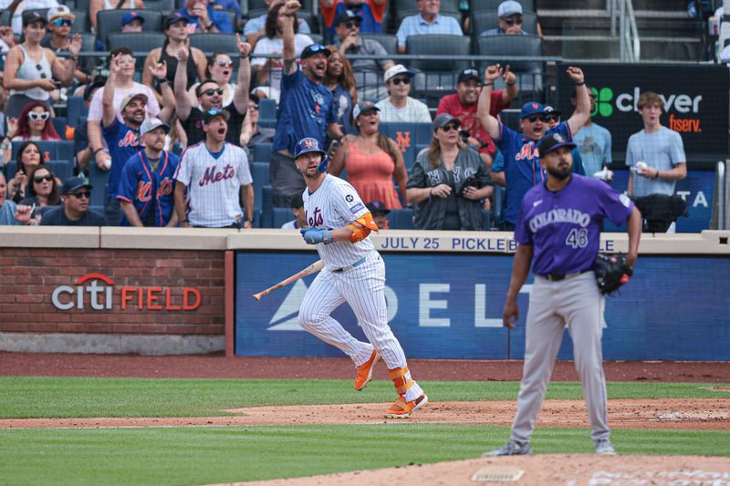 Jul 14, 2024; New York City, New York, USA; New York Mets first baseman Pete Alonso (20) looks up at his two run home run during the fourth inning against Colorado Rockies starting pitcher German Marquez (48) Citi Field. Mandatory Credit: Vincent Carchietta-USA TODAY Sports