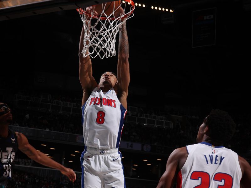 BROOKLYN, NY - APRIL 6: Jared Rhoden #8 of the Detroit Pistons dunks the ball during the game against the Brooklyn Nets on April 6, 2024 at Barclays Center in Brooklyn, New York. NOTE TO USER: User expressly acknowledges and agrees that, by downloading and or using this Photograph, user is consenting to the terms and conditions of the Getty Images License Agreement. Mandatory Copyright Notice: Copyright 2024 NBAE (Photo by Nathaniel S. Butler/NBAE via Getty Images)