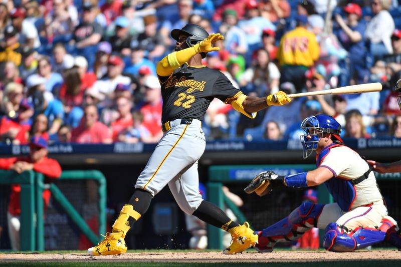 Apr 14, 2024; Philadelphia, Pennsylvania, USA; Pittsburgh Pirates designated hitter Andrew McCutchen (22) watches his two run home run during the ninth inning against the Philadelphia Phillies at Citizens Bank Park. It was the 300th home run of his career. Mandatory Credit: Eric Hartline-USA TODAY Sports