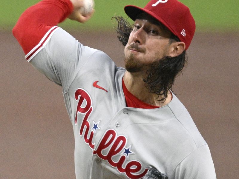 Sep 5, 2023; San Diego, California, USA; Philadelphia Phillies starting pitcher Michael Lorenzen (22) throws a pitch against the San Diego Padres during the first inning at Petco Park. Mandatory Credit: Orlando Ramirez-USA TODAY Sports