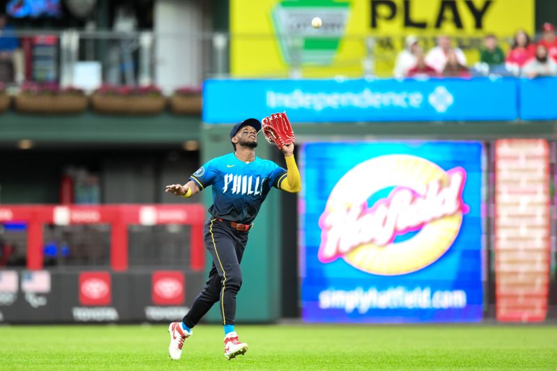 May 3, 2024; Philadelphia, Pennsylvania, USA; Philadelphia Phillies outfielder Johan Rojas (18) catches a pop fly for an out during the first inning against the San Francisco Giants at Citizens Bank Park. Mandatory Credit: John Jones-USA TODAY Sports