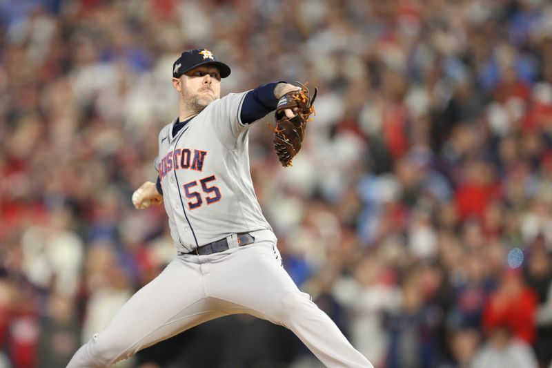 Oct 11, 2023; Minneapolis, Minnesota, USA; Houston Astros relief pitcher Ryan Pressly (55) pitches in the in the ninth inning against the Minnesota Twins during game four of the ALDS for the 2023 MLB playoffs at Target Field. Mandatory Credit: Jesse Johnson-USA TODAY Sports