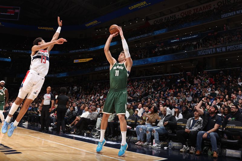 WASHINGTON, DC -? APRIL 2: Brook Lopez #11 of the Milwaukee Bucks shoots a three point basket during the game against the Washington Wizards on April 2, 2024 at Capital One Arena in Washington, DC. NOTE TO USER: User expressly acknowledges and agrees that, by downloading and or using this Photograph, user is consenting to the terms and conditions of the Getty Images License Agreement. Mandatory Copyright Notice: Copyright 2024 NBAE (Photo by Stephen Gosling/NBAE via Getty Images)