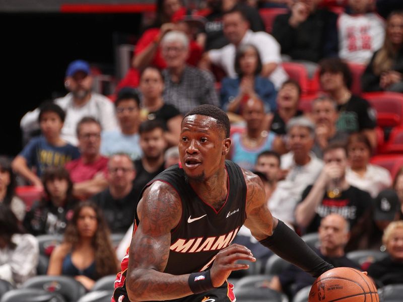 MIAMI, FL - MARCH 2: Terry Rozier III #2 of the Miami Heat brings the ball up court during the game against the Utah Jazz on March 2, 2024 at Kaseya Center in Miami, Florida. NOTE TO USER: User expressly acknowledges and agrees that, by downloading and or using this Photograph, user is consenting to the terms and conditions of the Getty Images License Agreement. Mandatory Copyright Notice: Copyright 2024 NBAE (Photo by Issac Baldizon/NBAE via Getty Images)