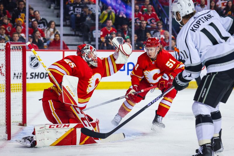 Mar 28, 2023; Calgary, Alberta, CAN; Calgary Flames goaltender Jacob Markstrom (25) makes a save against the Los Angeles Kings during the first period at Scotiabank Saddledome. Mandatory Credit: Sergei Belski-USA TODAY Sports