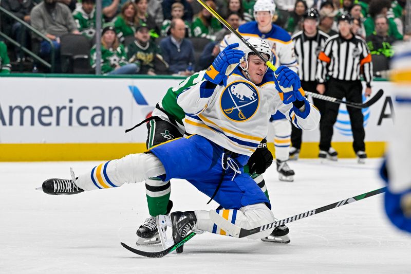 Apr 9, 2024; Dallas, Texas, USA; Dallas Stars center Craig Smith (15) checks Buffalo Sabres center Tage Thompson (72) during the third period at the American Airlines Center. Mandatory Credit: Jerome Miron-USA TODAY Sports