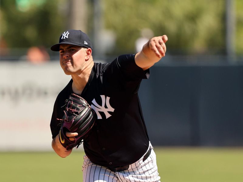 Mar 13, 2024; Tampa, Florida, USA; New York Yankees starting pitcher Carlos Rodon (55) throws a pitch during the first inning Boston Red Sox at George M. Steinbrenner Field. Mandatory Credit: Kim Klement Neitzel-USA TODAY Sports