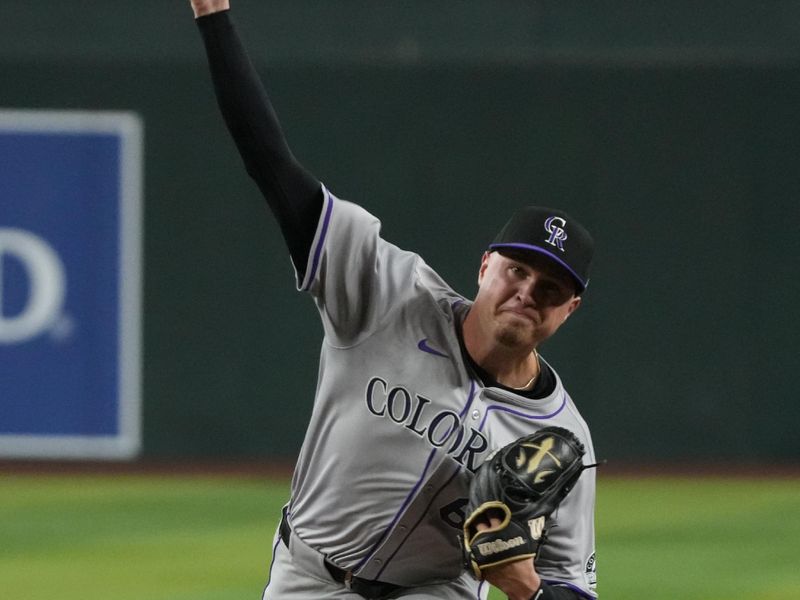 Aug 12, 2024; Phoenix, Arizona, USA; Colorado Rockies pitcher Bradley Blalock (64) throws against the Arizona Diamondbacks in the first inning at Chase Field. Mandatory Credit: Rick Scuteri-USA TODAY Sports