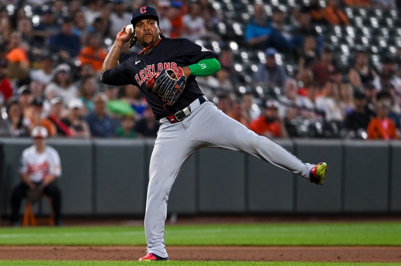 Jun 25, 2024; Baltimore, Maryland, USA;  Cleveland Guardians third base José Ramírez (11) throws to first base off his back foot during the seventh inning against the Baltimore Orioles  at Oriole Park at Camden Yards. Mandatory Credit: Tommy Gilligan-USA TODAY Sports