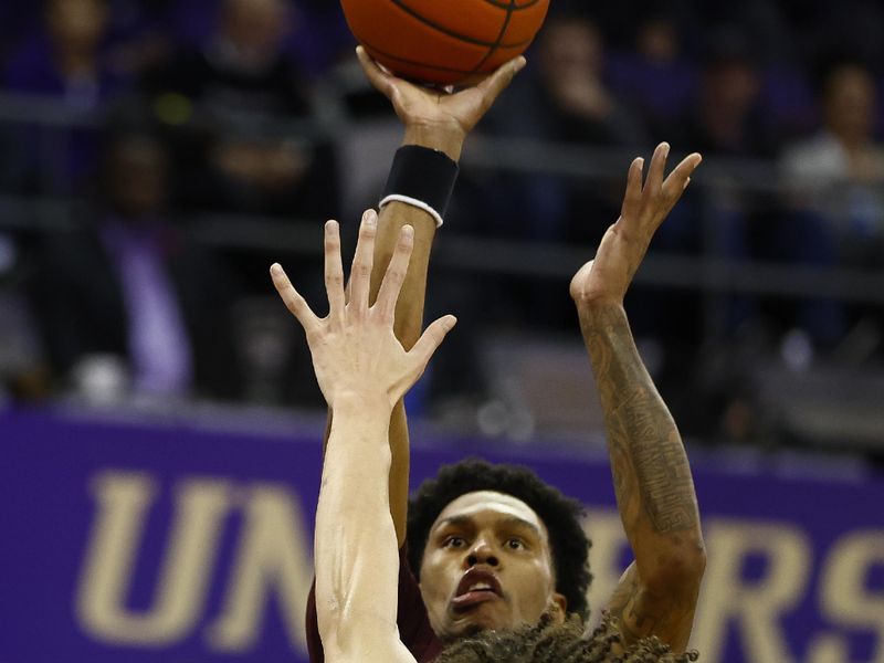 Jan 26, 2023; Seattle, Washington, USA; Arizona State Sun Devils guard Desmond Cambridge Jr. (4) shoots against the Washington Huskies during the second half at Alaska Airlines Arena at Hec Edmundson Pavilion. Mandatory Credit: Joe Nicholson-USA TODAY Sports