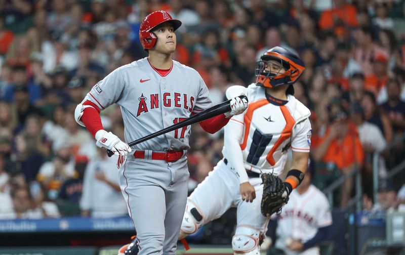 Aug 12, 2023; Houston, Texas, USA; Los Angeles Angels designated hitter Shohei Ohtani (17) reacts after striking out during the fourth inning against the Houston Astros at Minute Maid Park. Mandatory Credit: Troy Taormina-USA TODAY Sports