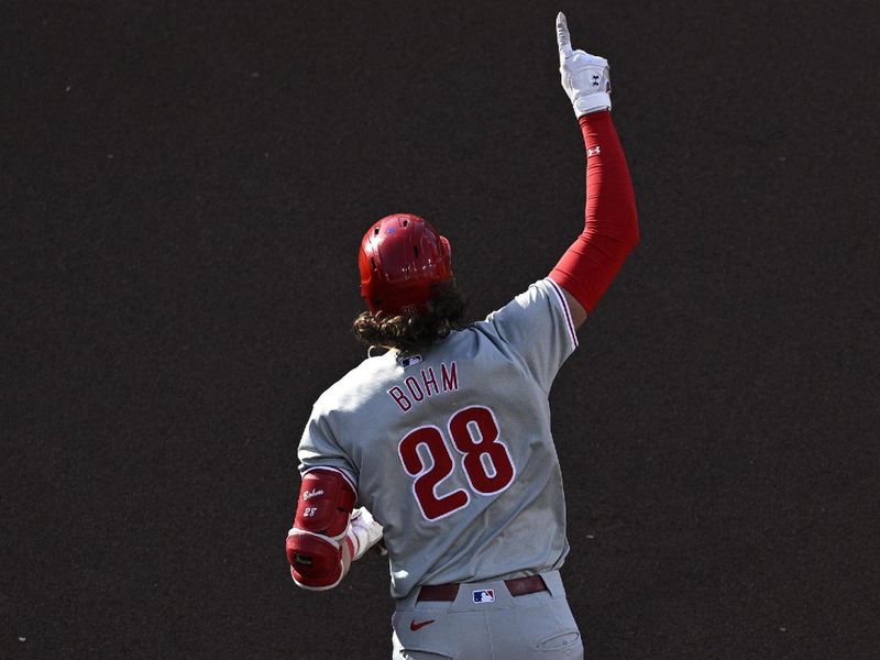 Apr 27, 2024; San Diego, California, USA; Philadelphia Phillies third baseman Alec Bohm (28) rounds the bases after hitting a two-run home run against the San Diego Padres during the first inning at Petco Park. Mandatory Credit: Orlando Ramirez-USA TODAY Sports