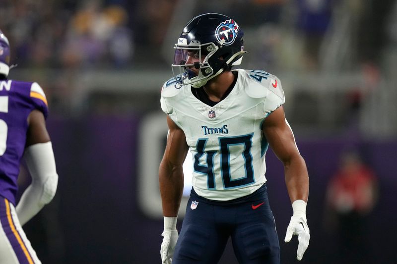 Tennessee Titans cornerback Anthony Kendall gets set for a play during the second half of an NFL football game against the Minnesota Vikings, Saturday, Aug. 19, 2023, in Minneapolis. (AP Photo/Charlie Neibergall)