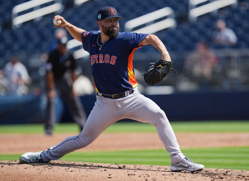 Feb 26, 2023; West Palm Beach, Florida, USA;  Houston Astros starting pitcher Jose Urquidy (65) pitches in the first inning against the Washington Nationals at The Ballpark of the Palm Beaches. Mandatory Credit: Jim Rassol-USA TODAY Sports