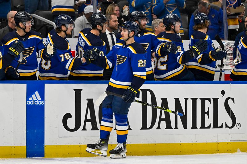 Apr 10, 2024; St. Louis, Missouri, USA;  St. Louis Blues center Jordan Kyrou (25) is congratulated by teammates after scoring against the Chicago Blackhawks during the first period at Enterprise Center. Mandatory Credit: Jeff Curry-USA TODAY Sports