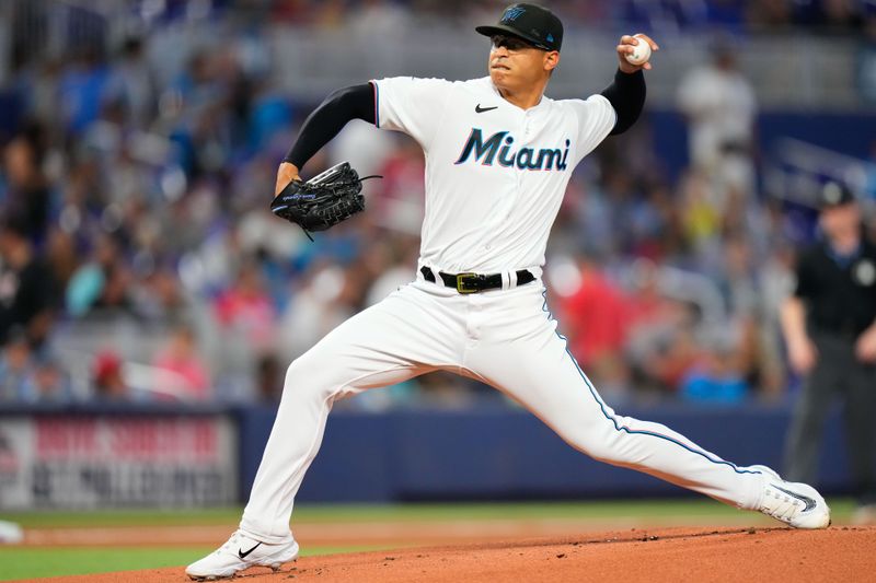 Jul 23, 2023; Miami, Florida, USA; Miami Marlins starting pitcher Jesus Luzardo (44) throws a pitch against the Colorado Rockies during the first inning at loanDepot Park. Mandatory Credit: Rich Storry-USA TODAY Sports