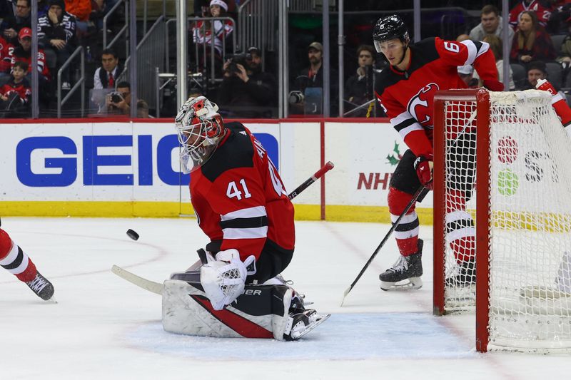 Dec 21, 2023; Newark, New Jersey, USA; New Jersey Devils goaltender Vitek Vanecek (41) makes a save against the Edmonton Oilers during the third period at Prudential Center. Mandatory Credit: Ed Mulholland-USA TODAY Sports